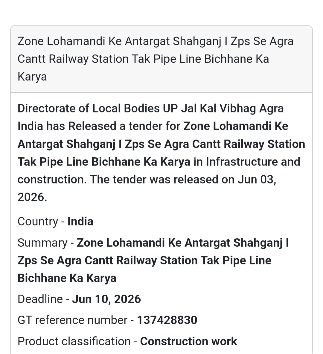🚰 Heading: Pipeline Laying Work from Shahganj to Agra Cantt Railway Station