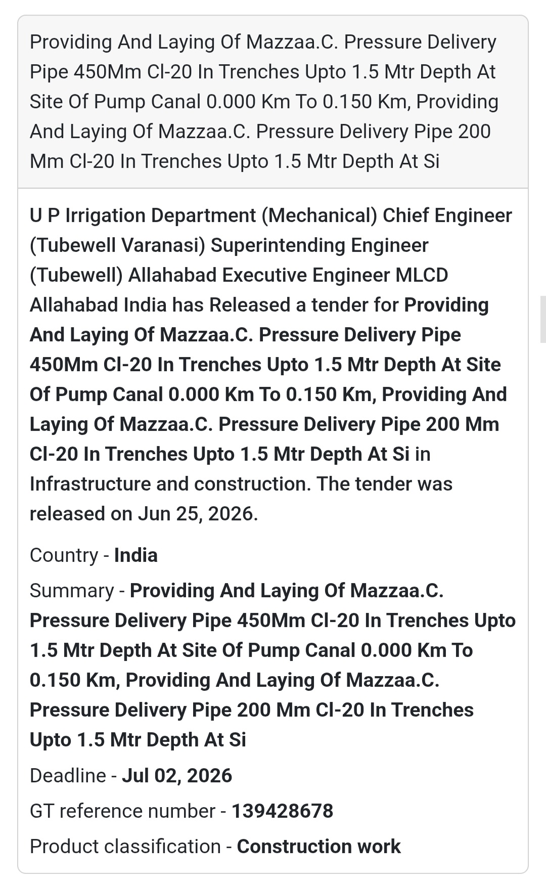 📌 Pressure Delivery Pipeline Installation Work – Prayagraj, Uttar Pradesh
