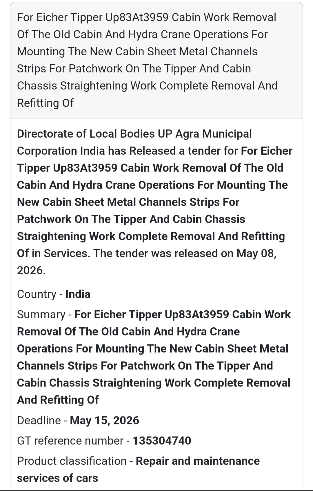 🚜 Heading: Repair And Refitting Work Of Eicher Tipper UP83AT3959
