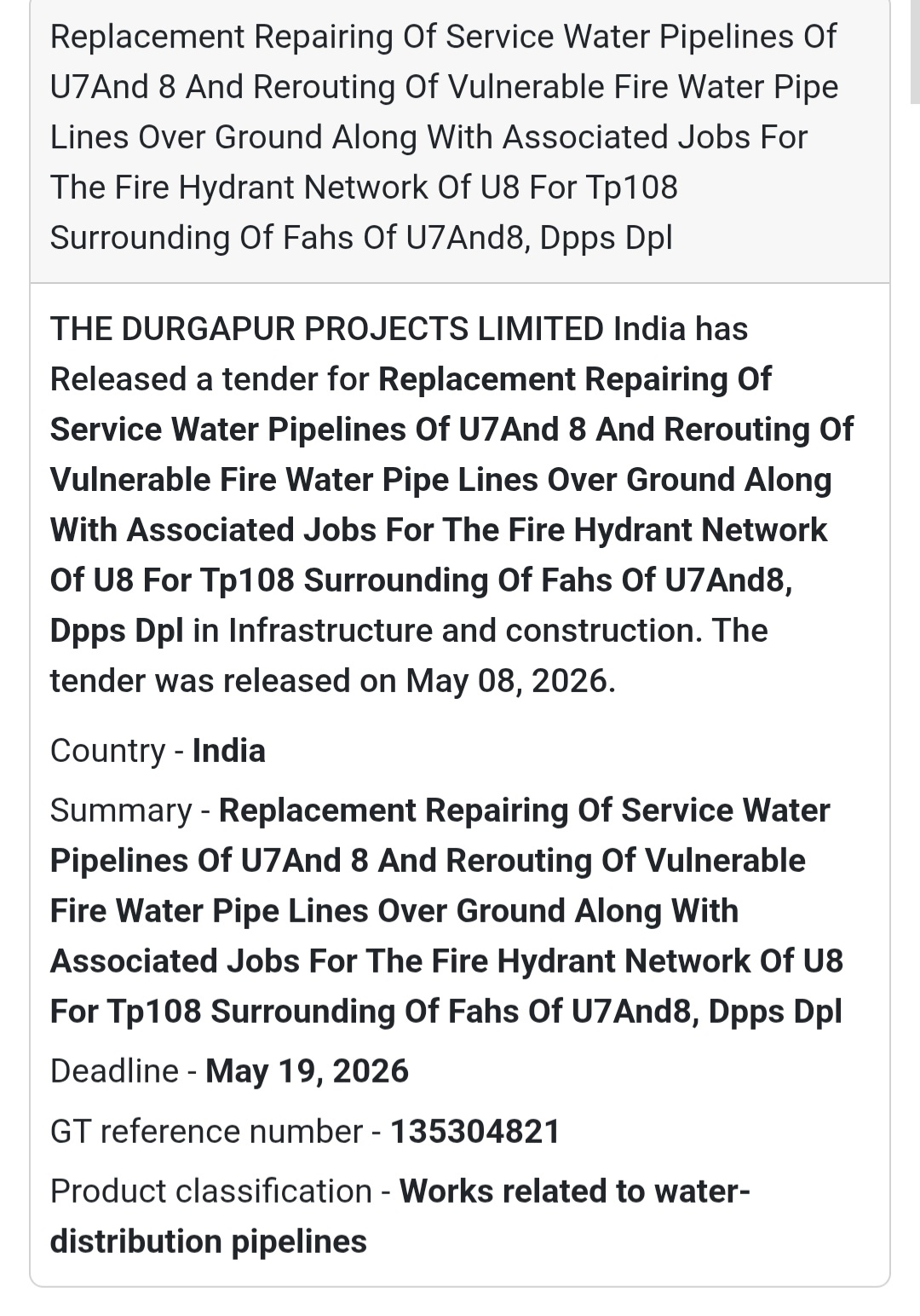 🚰 Heading: Service Water Pipeline Repairing Tender By DPL
