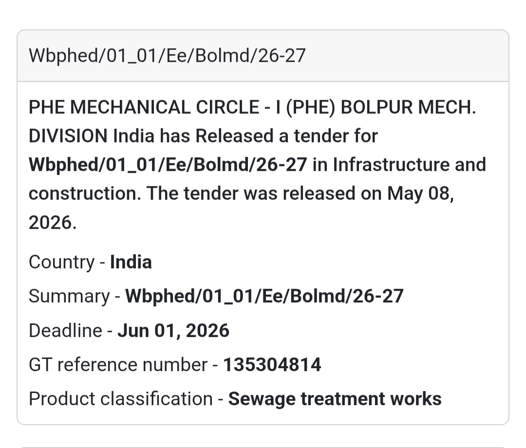 Heading: Sewage Treatment Work Tender By PHE Mechanical Circle
