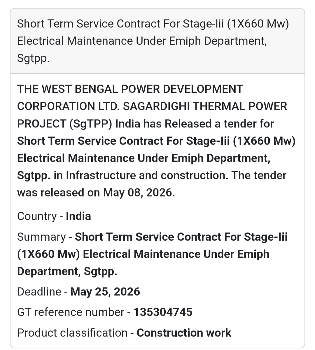 🏭 Heading: Short Term Electrical Maintenance Contract For Stage-III At SgTPP