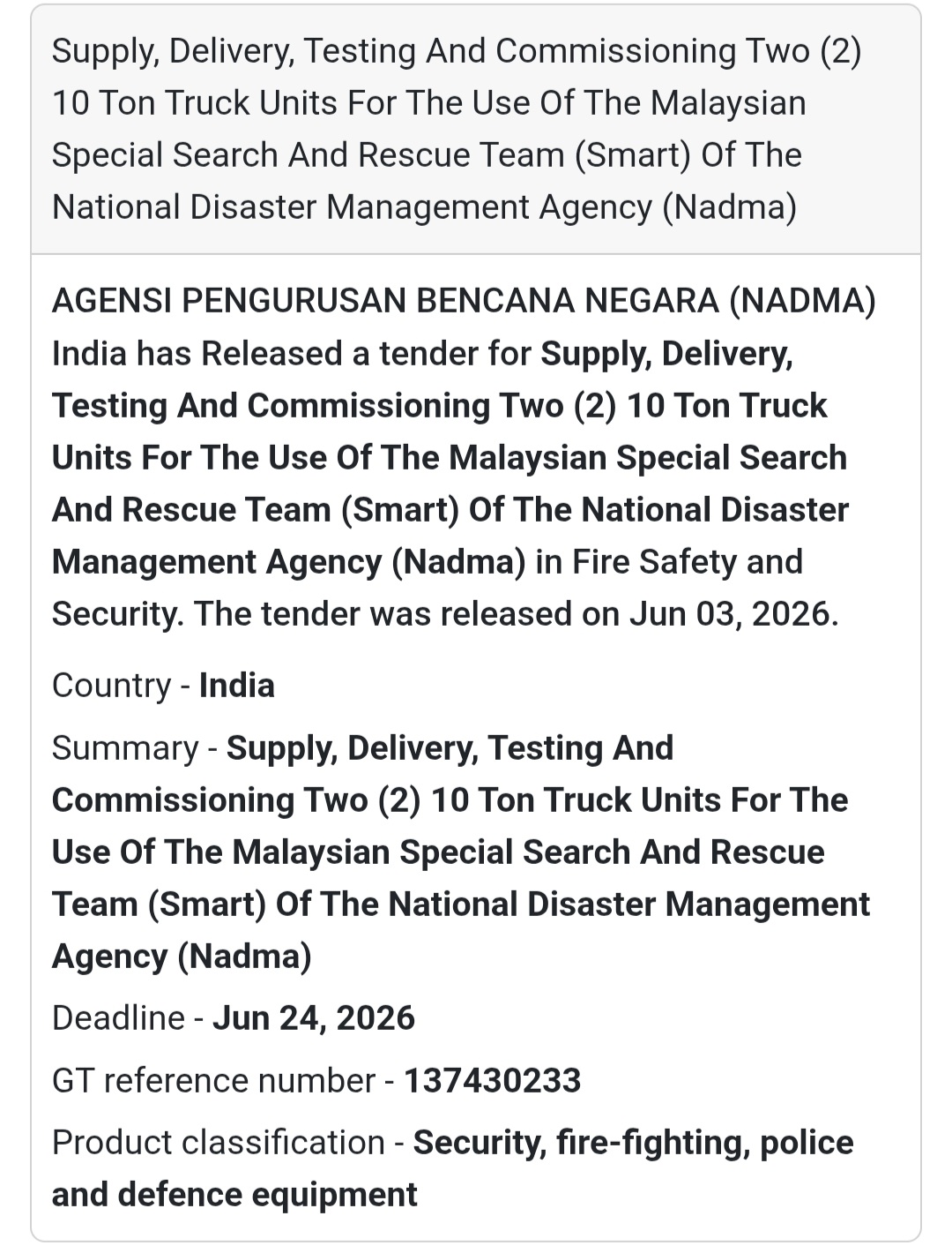 🚛 Heading: Supply & Commissioning of 10-Ton Trucks for SMART Rescue Team