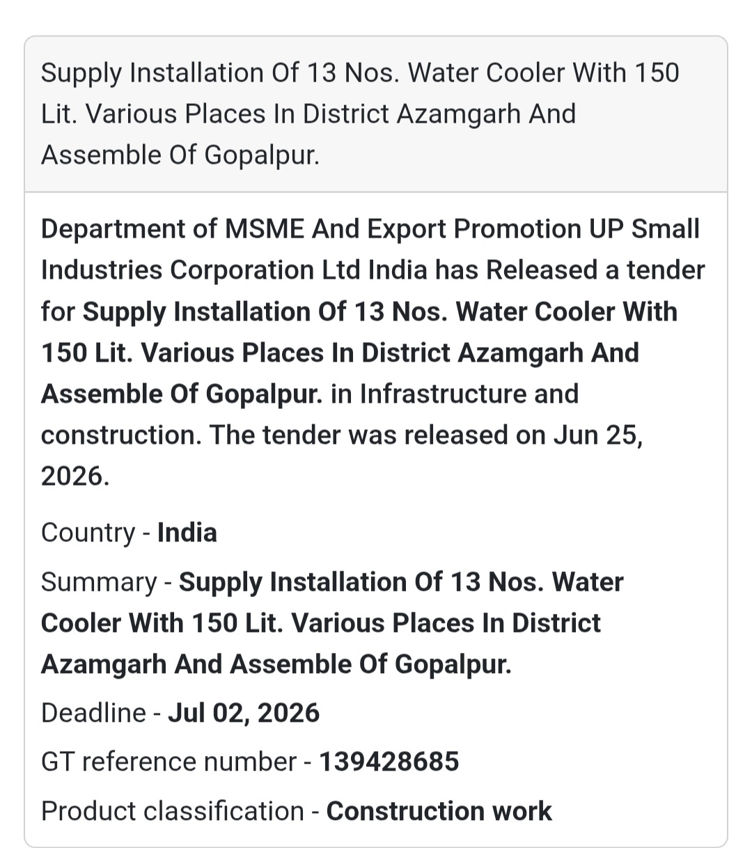 📌 Heading: Supply & Installation of 13 Water Coolers – Azamgarh, Uttar Pradesh
