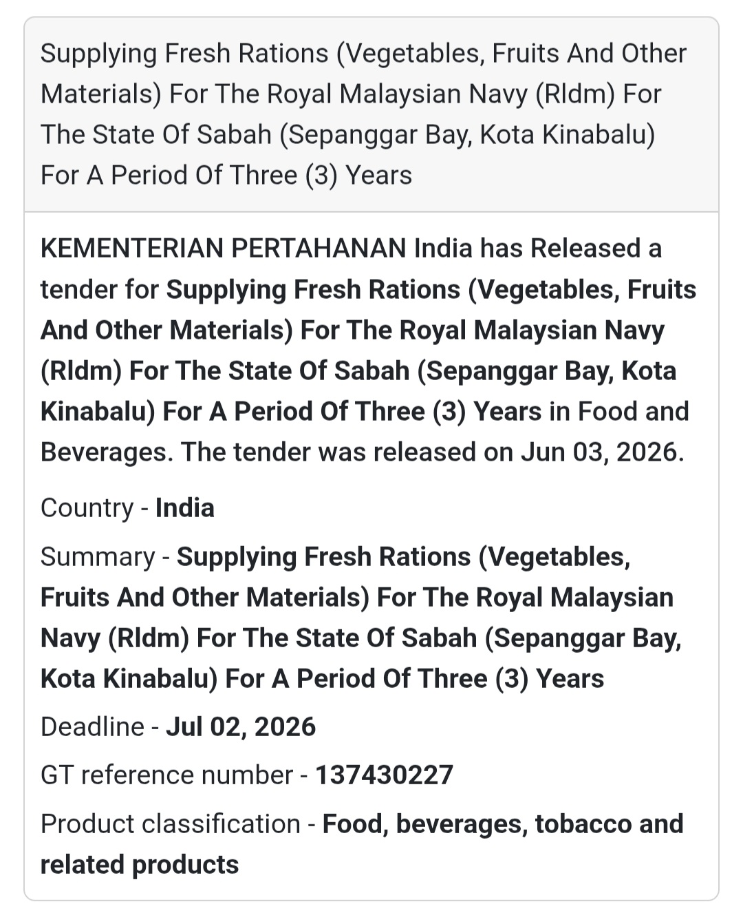 🥕 Heading: Supply of Fresh Rations for Royal Malaysian Navy