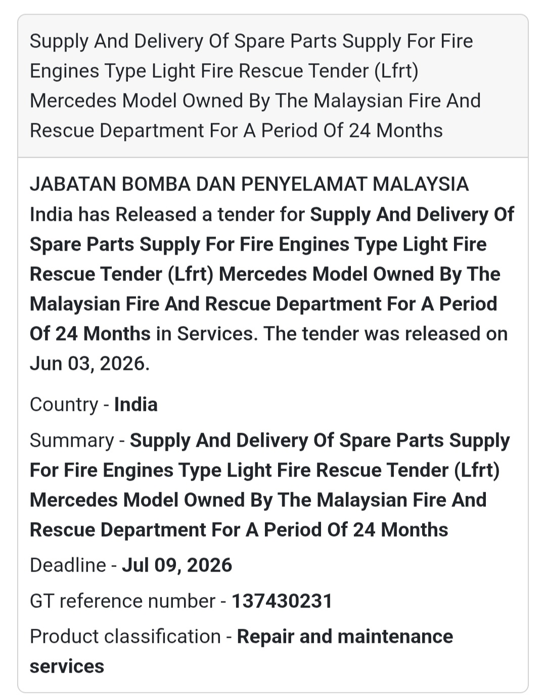 🚒 Heading: Supply of Spare Parts for Light Fire Rescue Tender (LFRT) Fire Engines