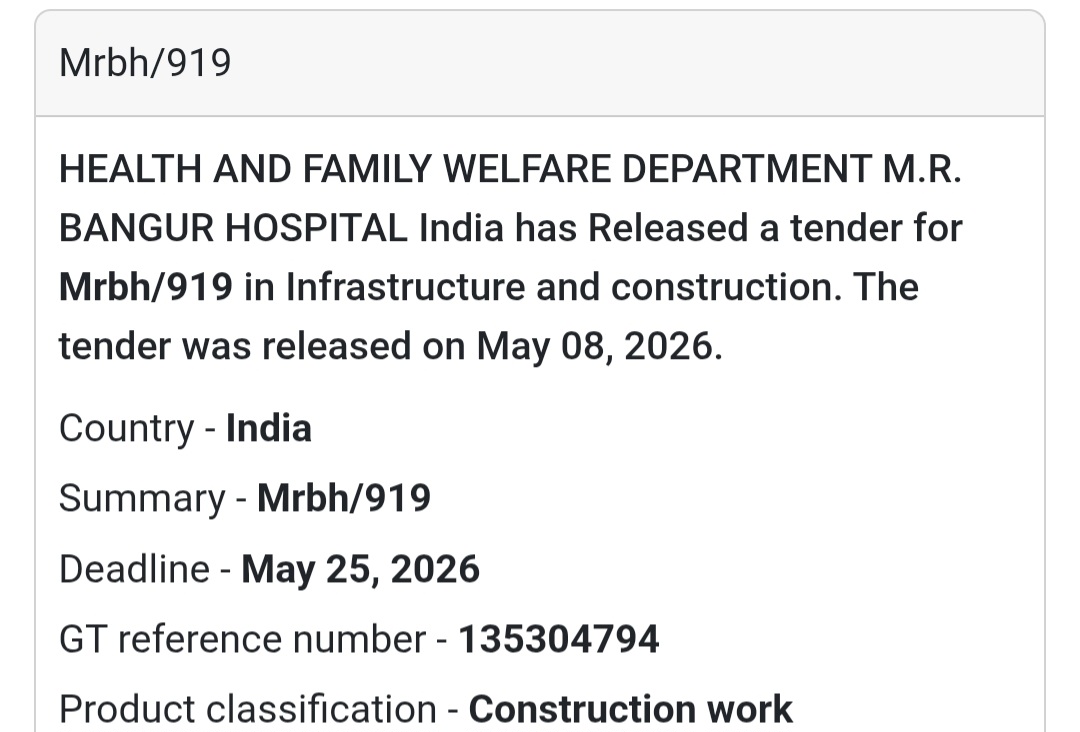 🏥 Heading: Tender MRBH/919 Released By M.R. Bangur Hospital
