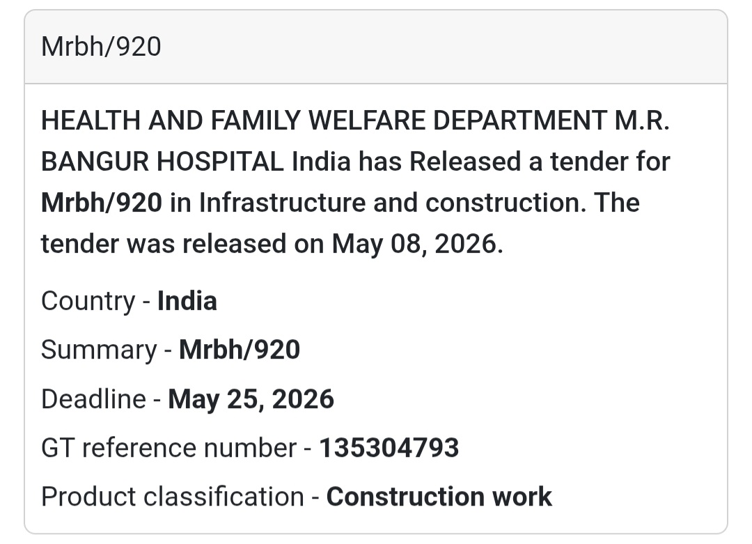 🏥 Heading: Tender MRBH/920 Released By M.R. Bangur Hospital