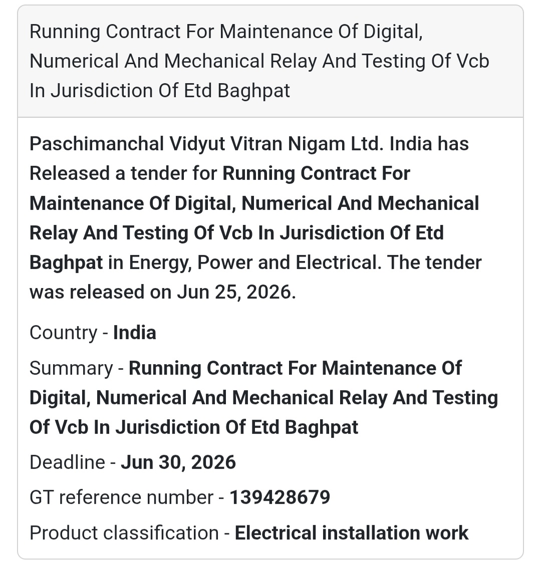 📌 VCB Relay Maintenance & Testing Contract – Baghpat, Uttar Pradesh