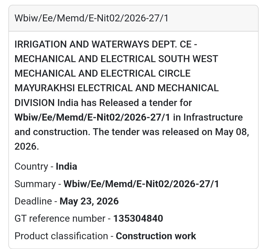 ⚙️ Heading: Wbiw/Ee/Memd/E-Nit02/2026-27/1 Tender Notice