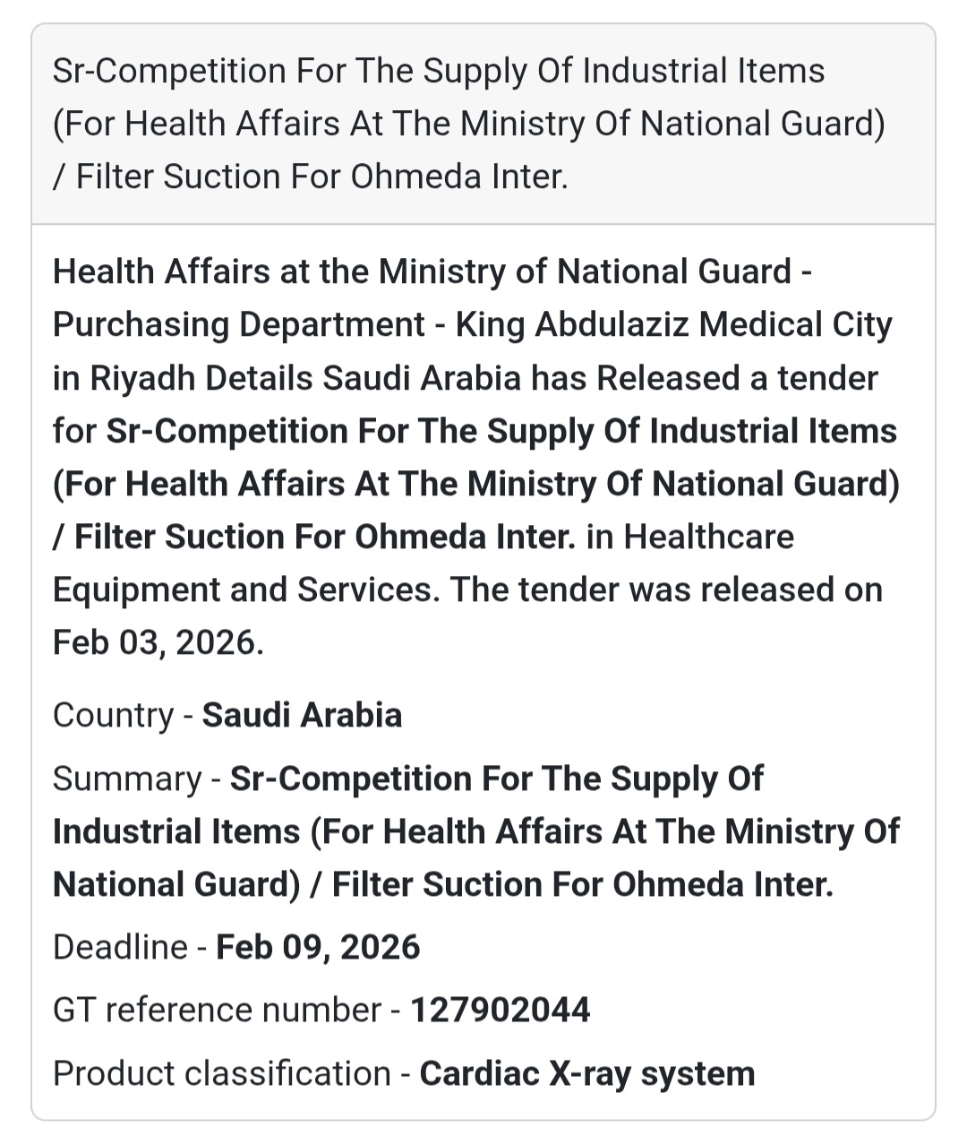 Health Affairs at the Ministry of National Guard  tender