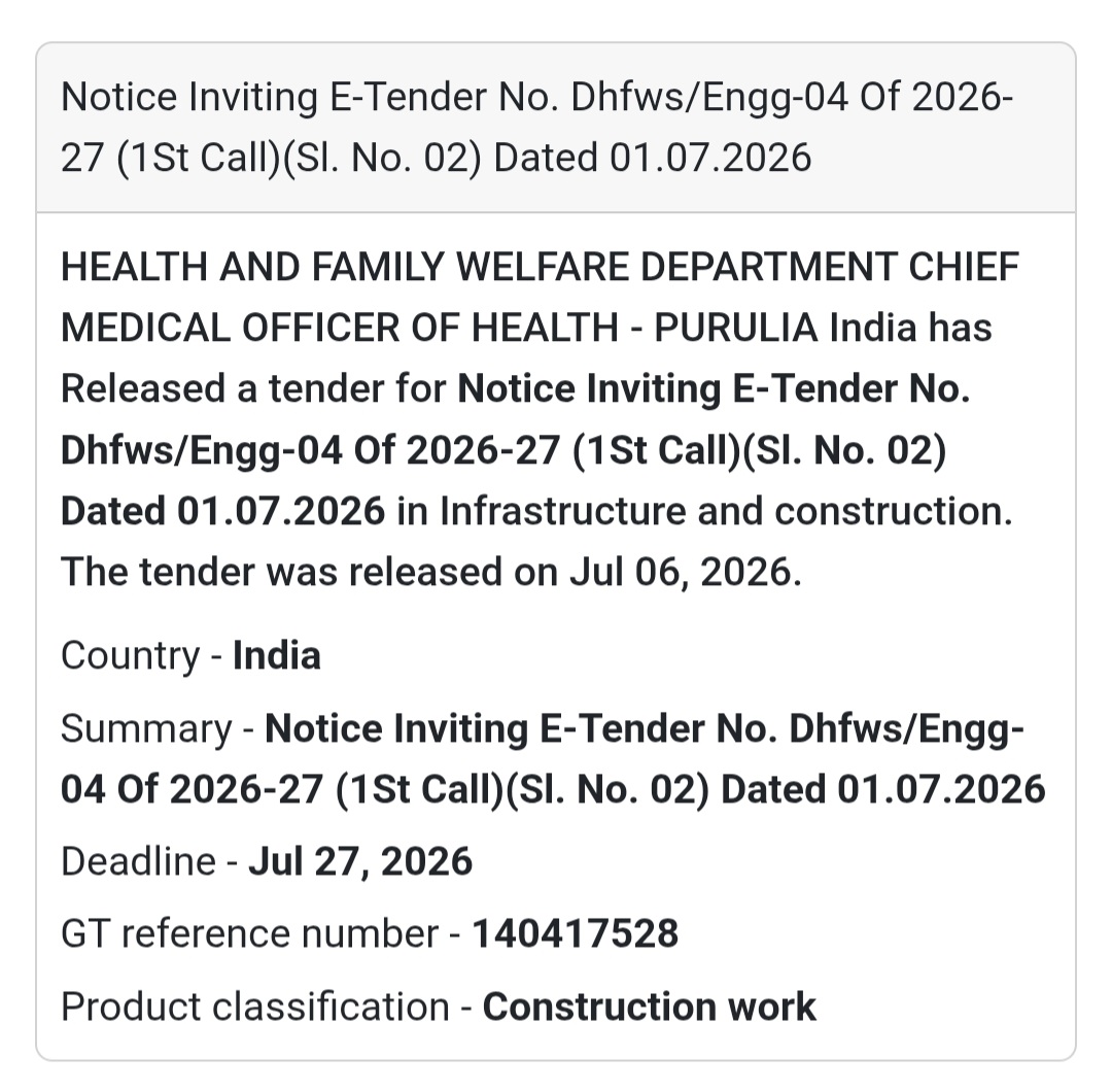 🏥 Health & Family Welfare Construction Tender (Sl. No. 02) | Purulia, West Bengal