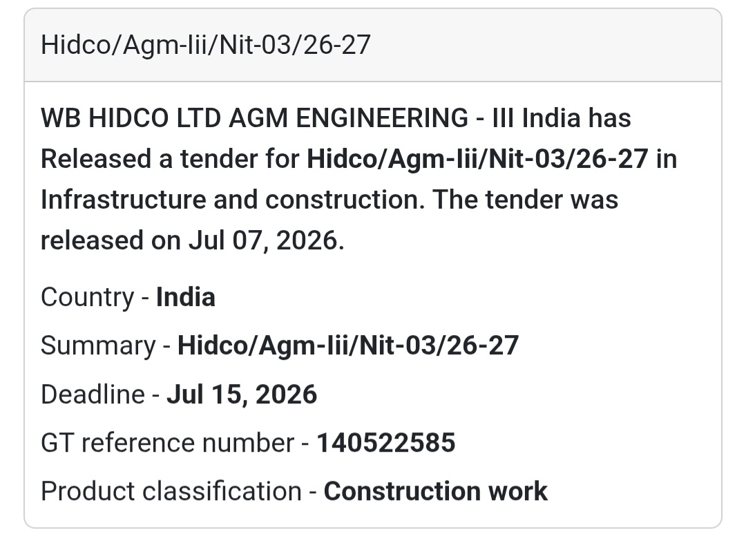 🏗️ HIDCO/AGM-III/NIT-03/26-27 – Construction Work (West Bengal)📢 WB HIDCO Ltd., AGM Engineering-III