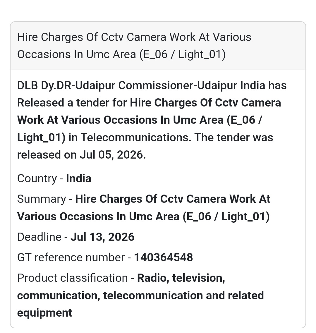 📹 Hire Charges of CCTV Camera Work – UMC Area, Udaipur 🎥