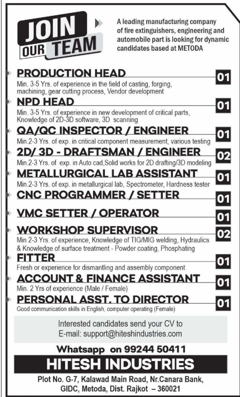 💼 Hiring Alert – Hitesh Industries, Rajkot
