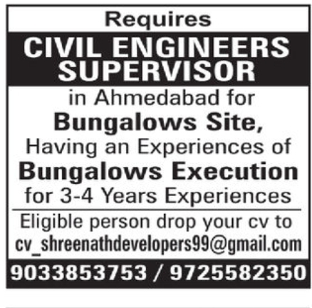 🏗️ Hiring – Civil Engineers & Supervisors