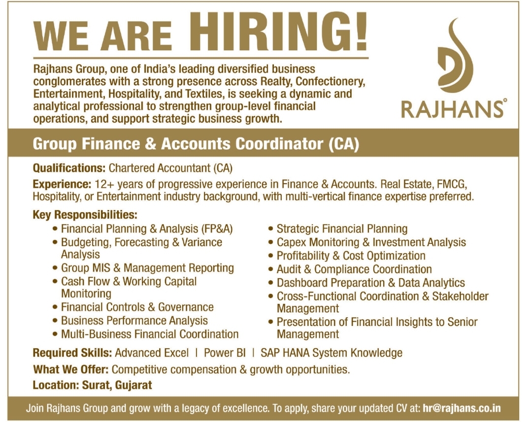 💼 Hiring – Group Finance & Accounts Coordinator (CA)