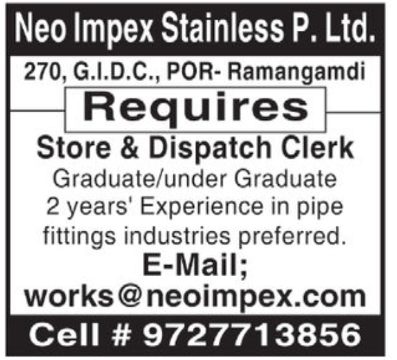 💼 Hiring – Neo Impex Stainless Pvt. Ltd.