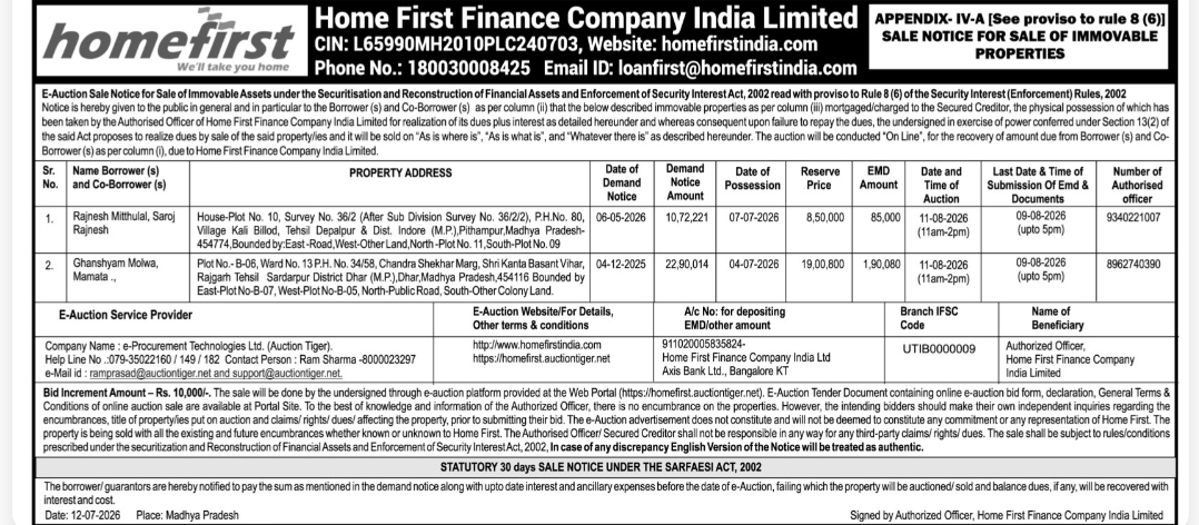 🏦 Home First Finance – E-Auction Sale Notice