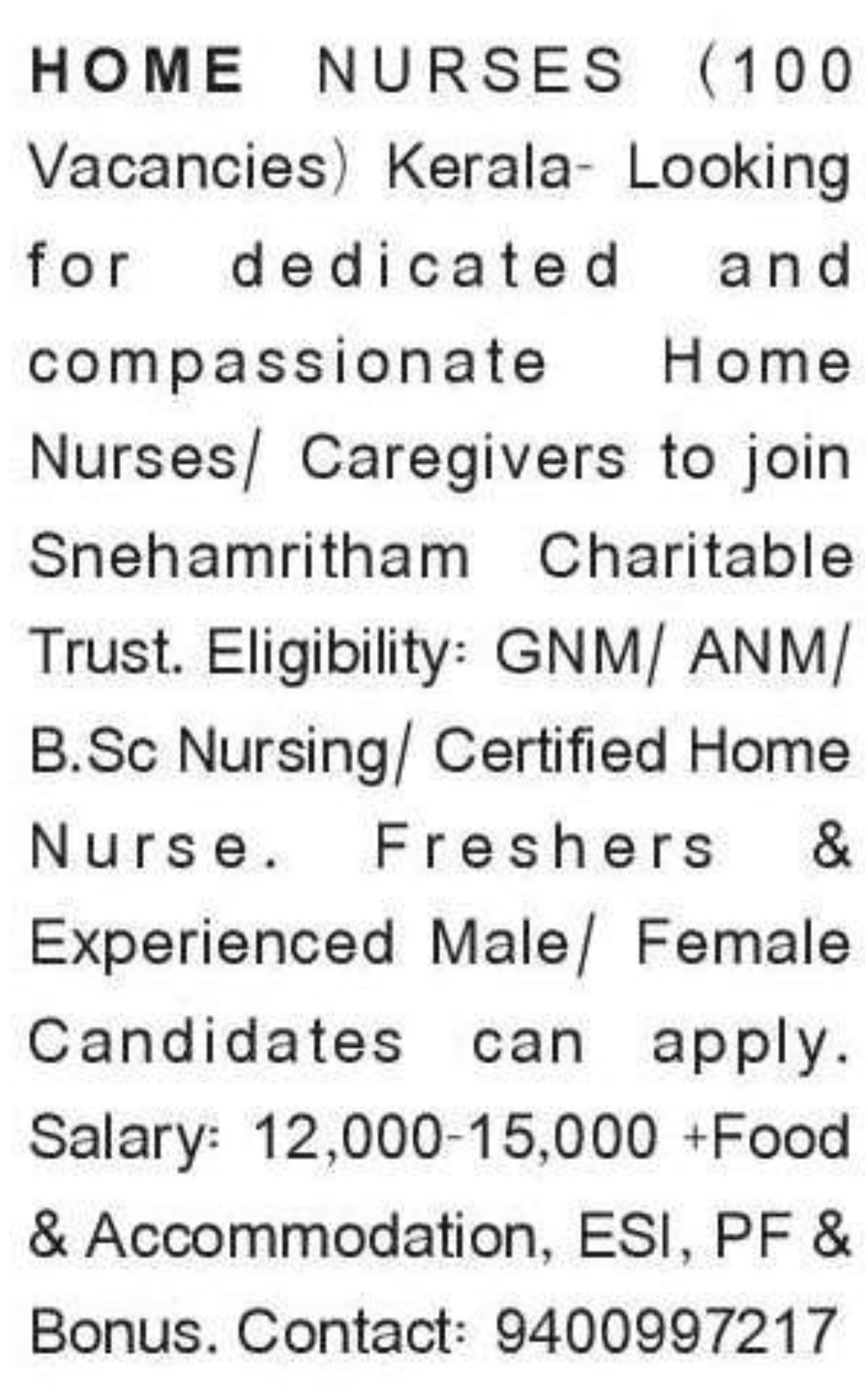 👩‍⚕️ Home Nurses and Caregivers Recruitment – Kerala