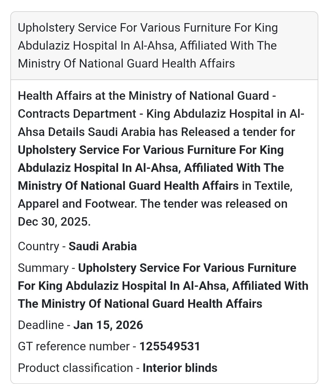 🪑 Hospital Furniture Services Tender