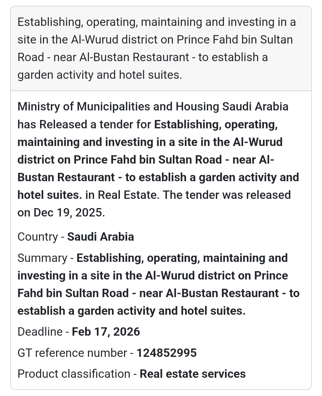 🔔 Hospitality & Garden Development Tender | Saudi Arabia 🇸🇦