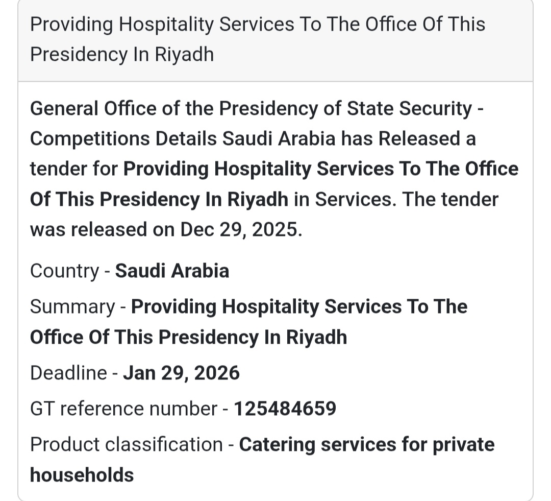 📢 Hospitality Services Tender – Saudi Arabia 🇸🇦