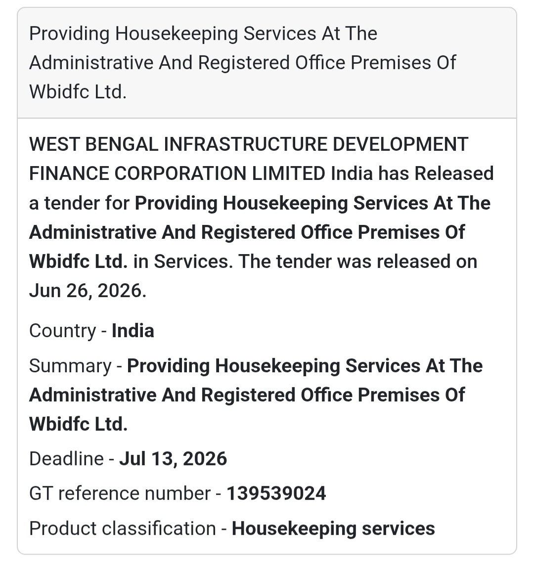 Housekeeping Services for WBIDFC Administrative & Registered Office – West Bengal