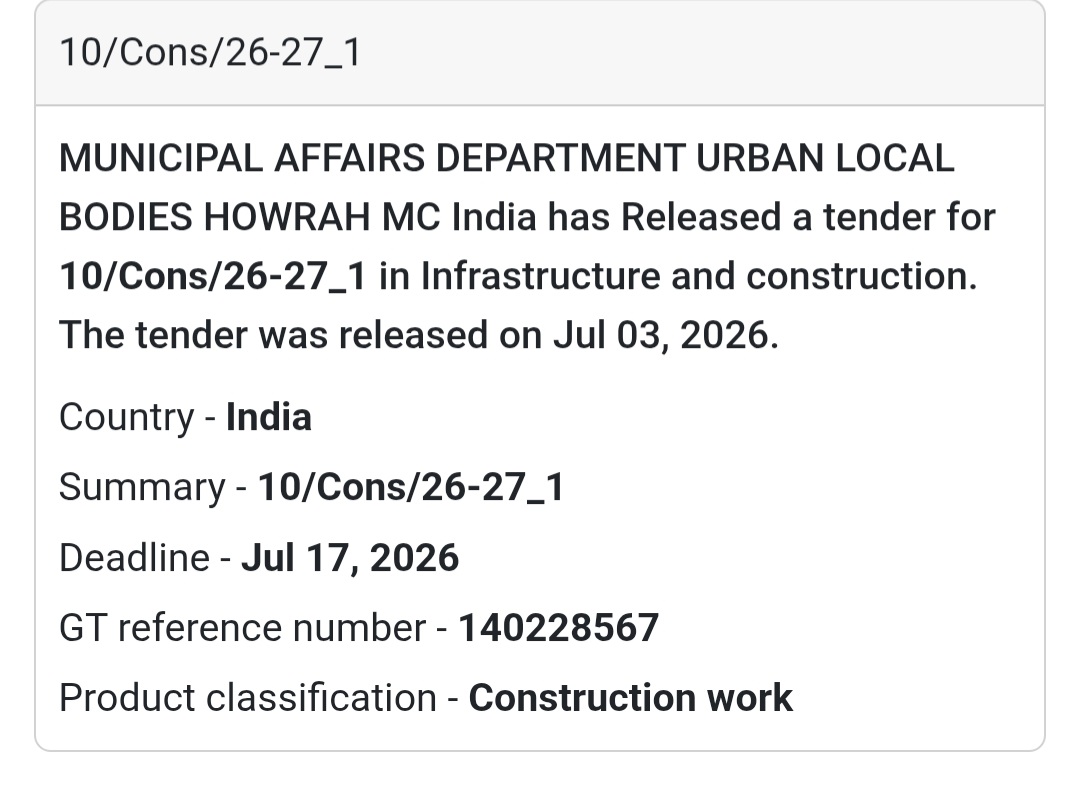 🏙️ Howrah Municipal Corporation Tender – Howrah, West Bengal