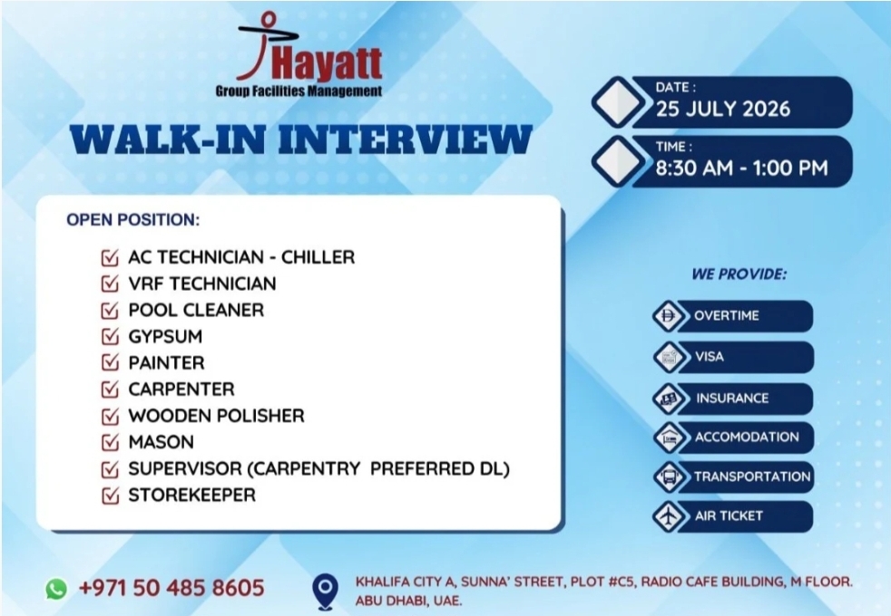 📢 Hyatt Group Facilities Management Recruitment Drive – Abu Dhabi, UAE 🇦🇪