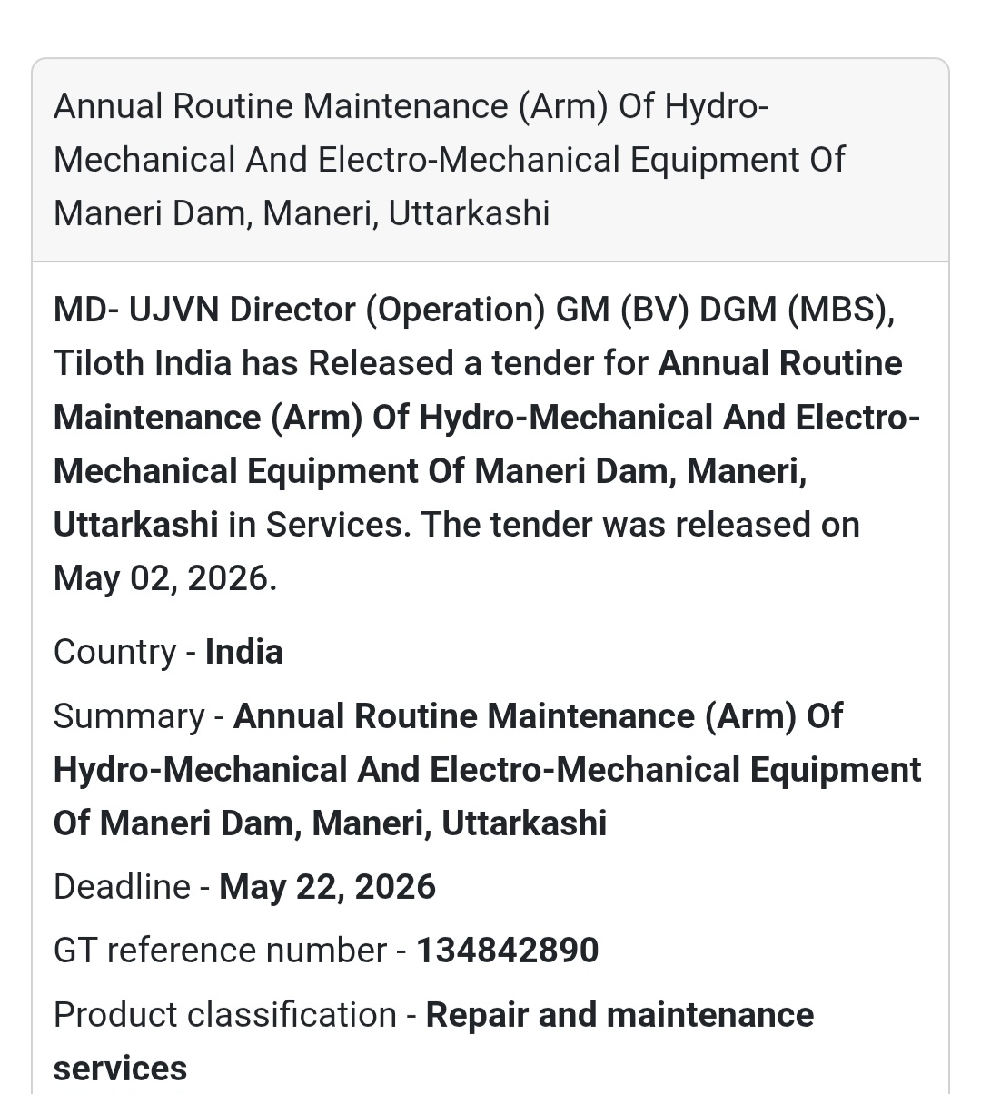 ⚙️ Hydro-Mechanical Maintenance (Maneri Dam)