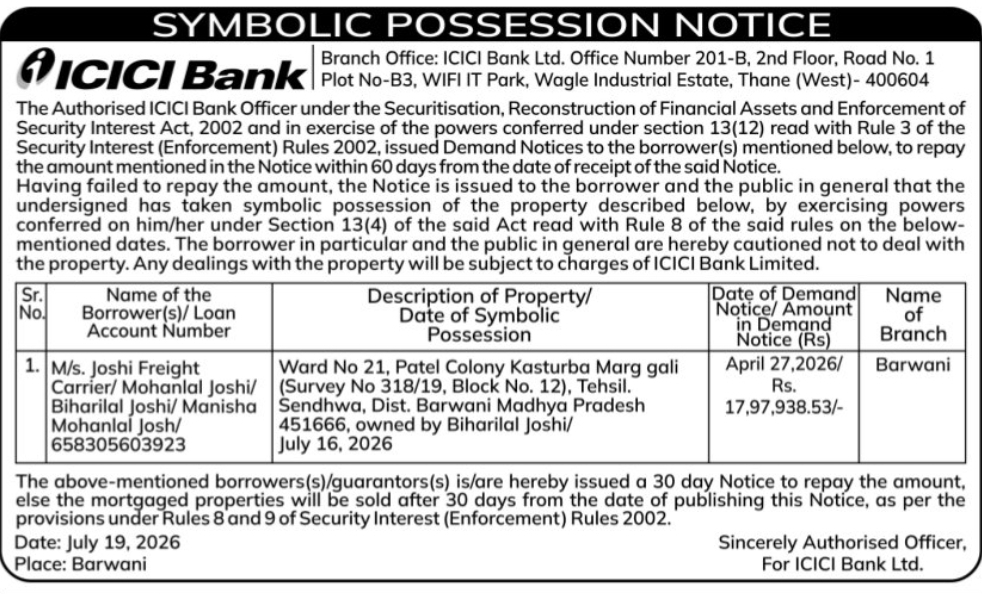 🏦 ICICI Bank – Symbolic Possession Notice