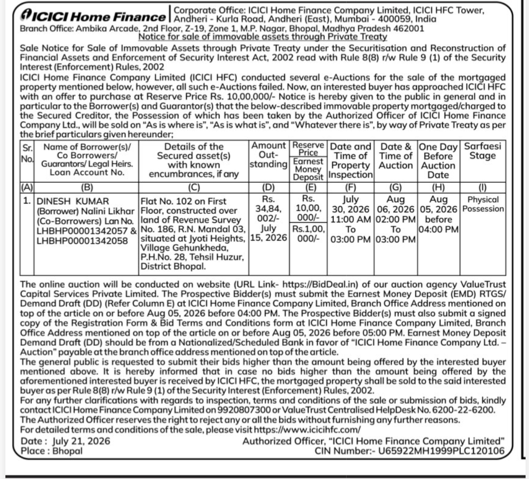 📢 ICICI Home Finance Property Sale Notice – Bhopal