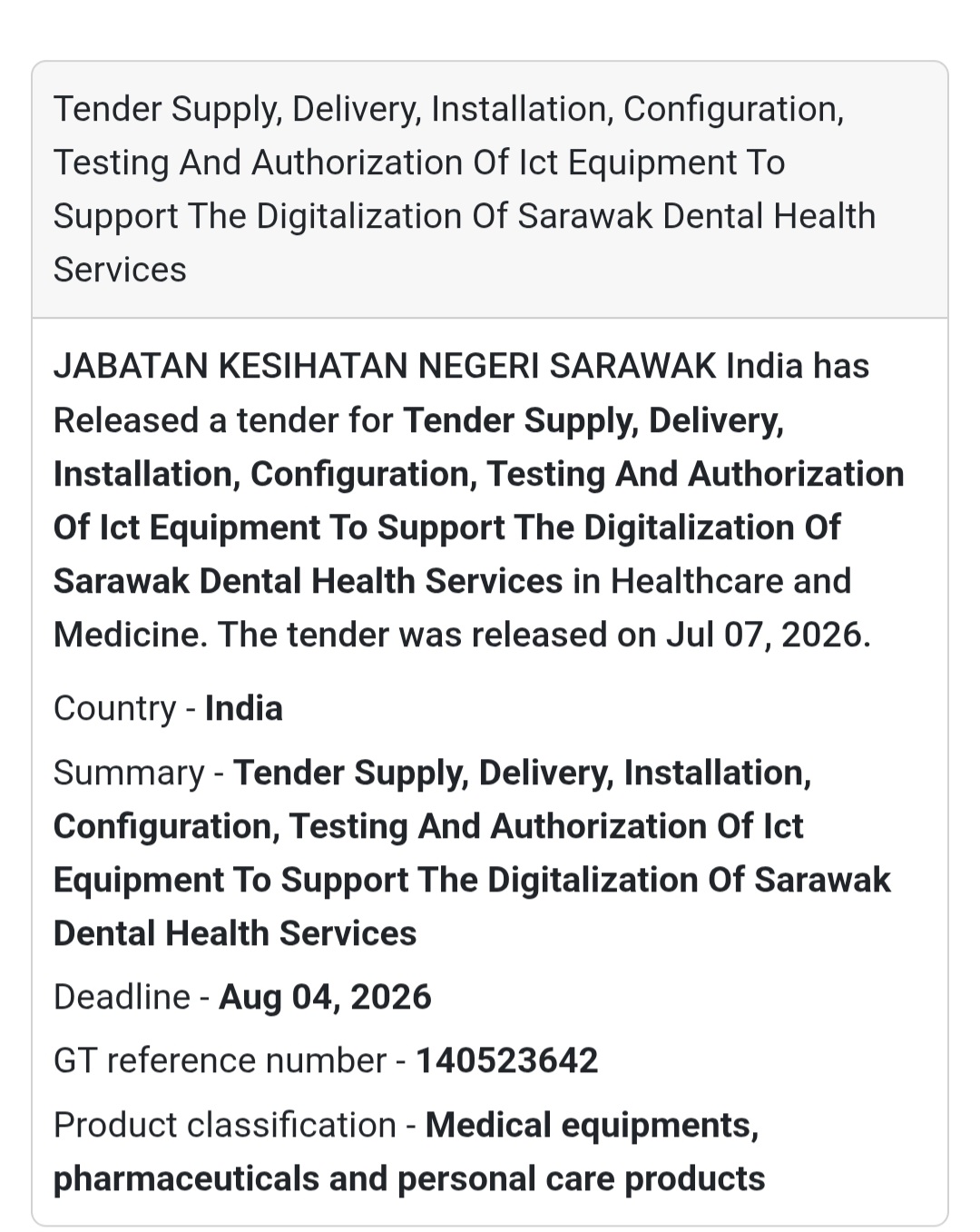 🦷 ICT Equipment Supply Tender | Sarawak, Malaysia