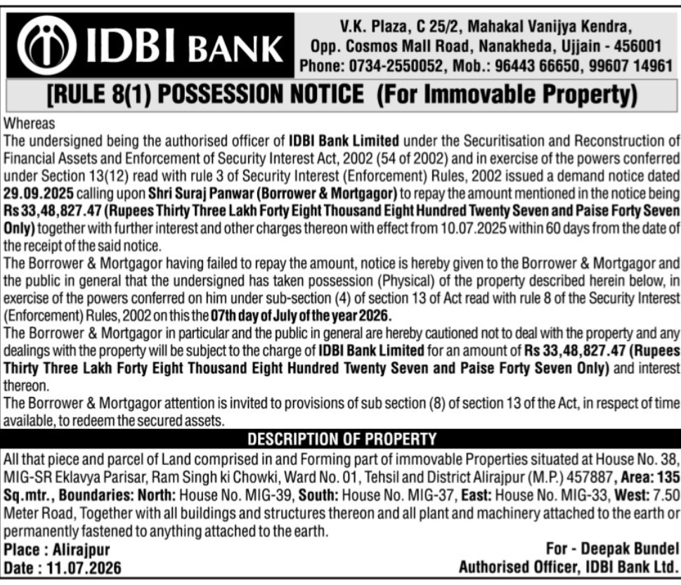 🏦 IDBI Bank – Possession Notice