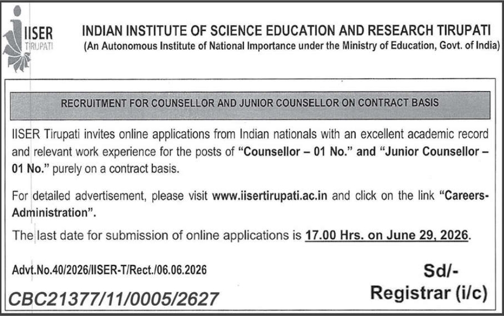 🎓 IISER TIRUPATI RECRUITMENT – Counsellor & Junior Counsellor