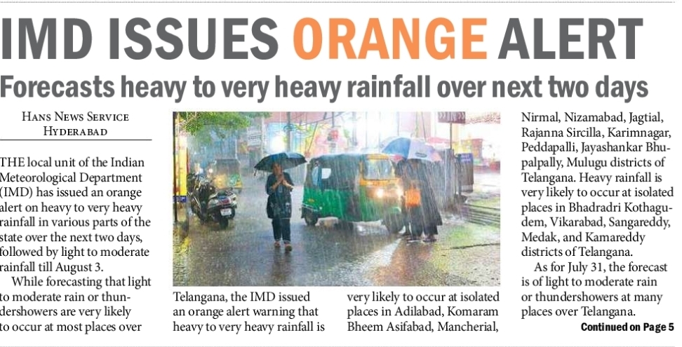 🌧️ IMD Issues Orange Alert for Telangana