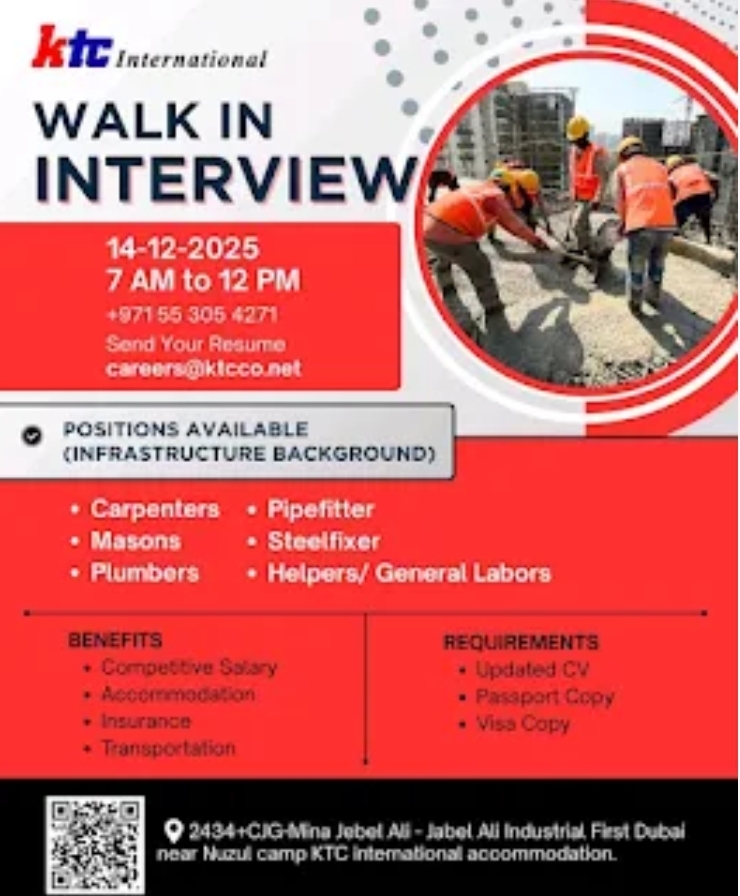 🚧 Immediate Infrastructure Job Openings in Dubai – Walk-In Interview with KTC International!