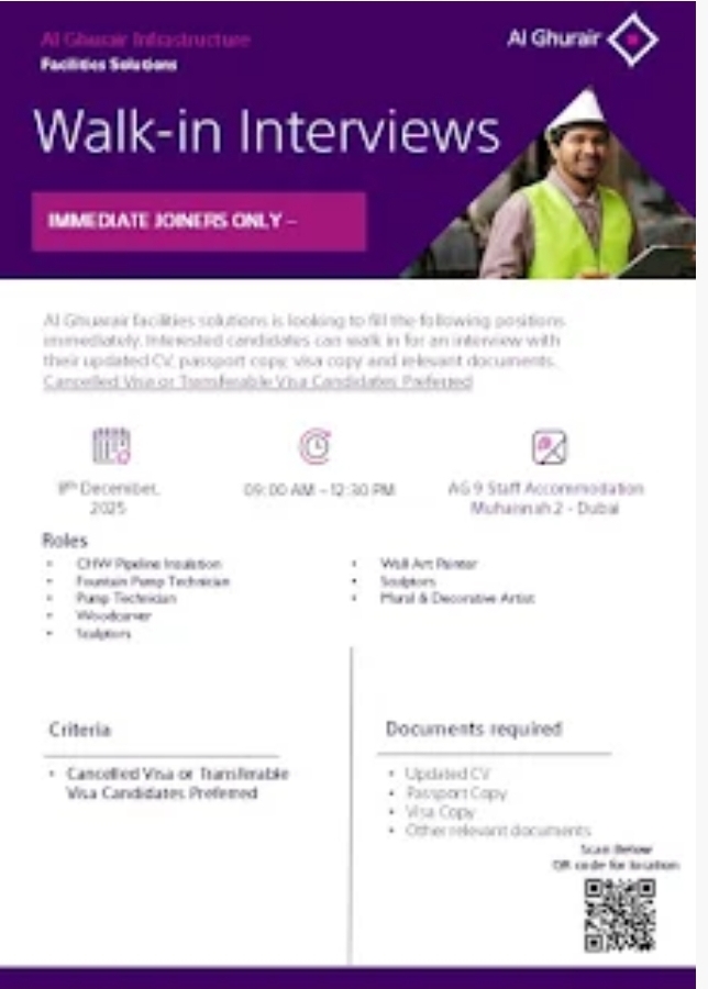 ⭐ Immediate Walk-In Interviews in Dubai – Technical & Artistic Roles!