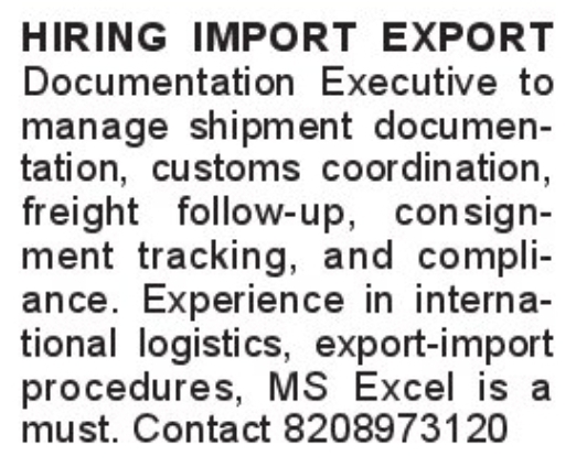🌍 Import Export Documentation Executive Hiring