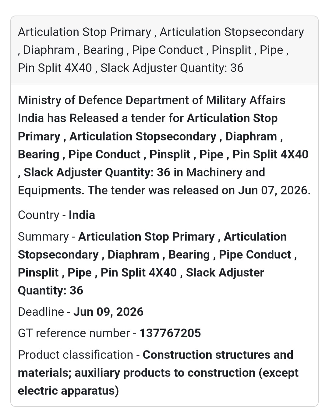 📍 India | Articulation Stop Primary, Bearing, Pipe Conduit & Related Components