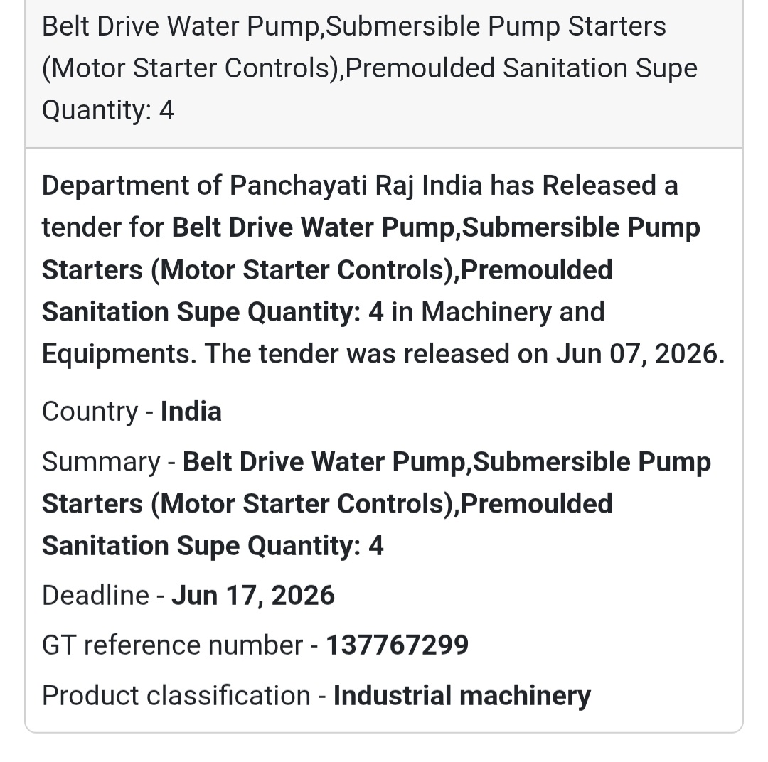 📍 India | Belt Drive Water Pump & Pump Starters 🚰 Tender Alert – Department of Panchayati Raj