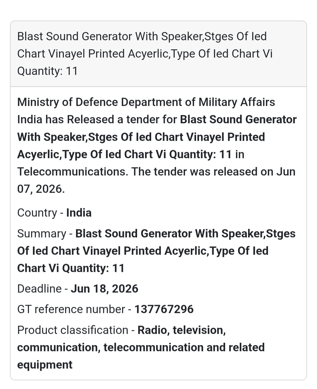 📍 India | Blast Sound Generator & LED Charts 🔊 Tender Alert – Ministry of Defence