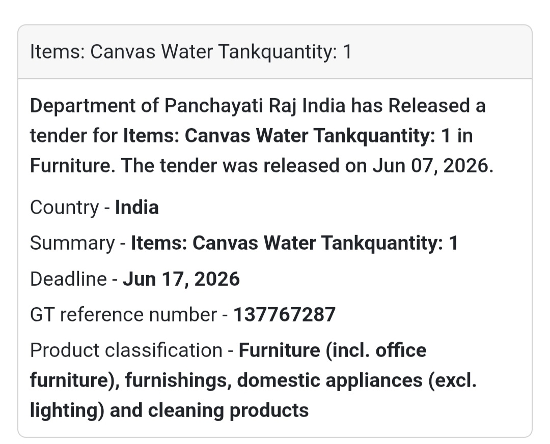 📍 India | Canvas Water Tank 💧 Tender Alert – Department of Panchayati Raj