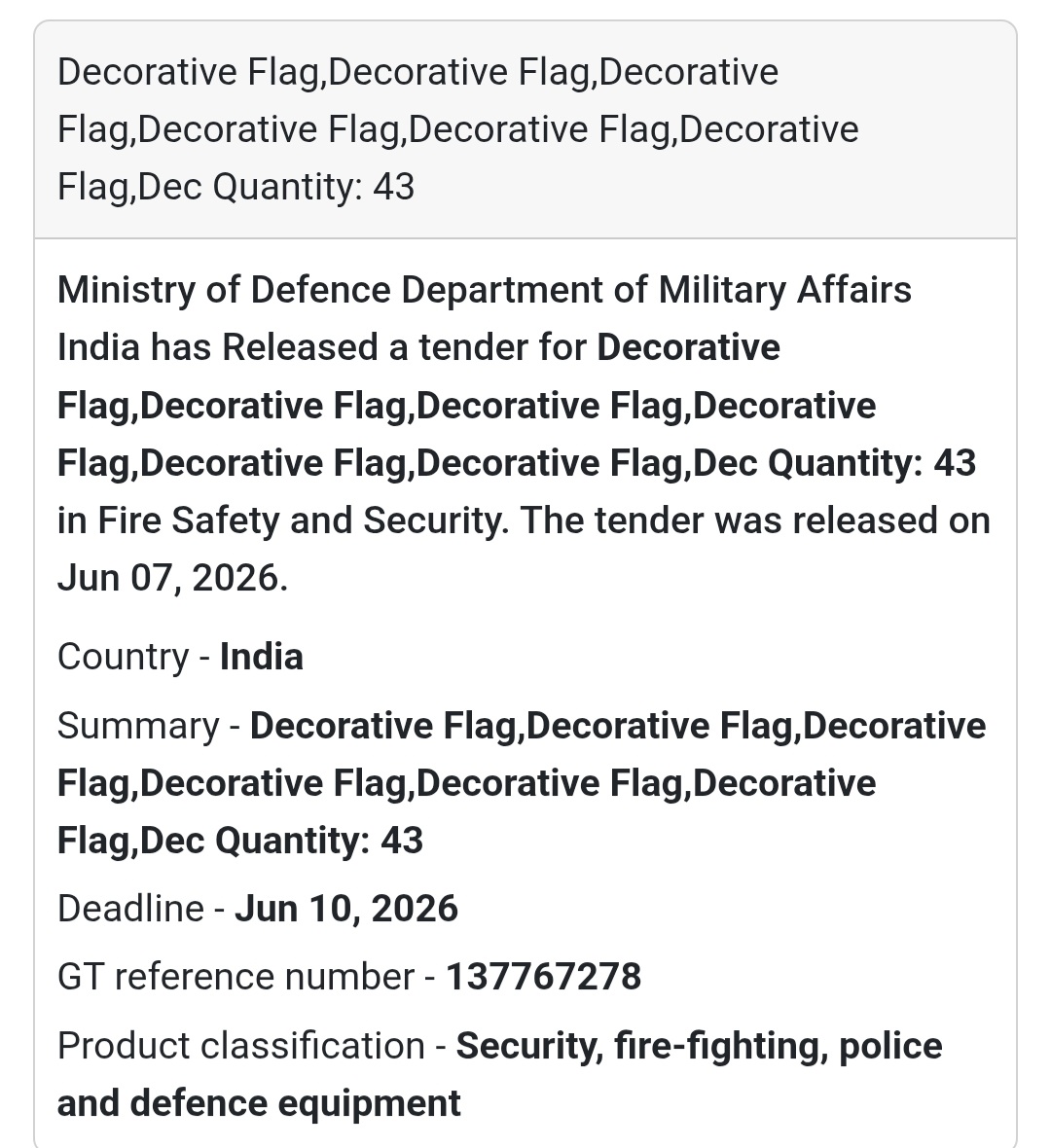 📍 India | Decorative Flags 🚩 Tender Alert – Ministry of Defence