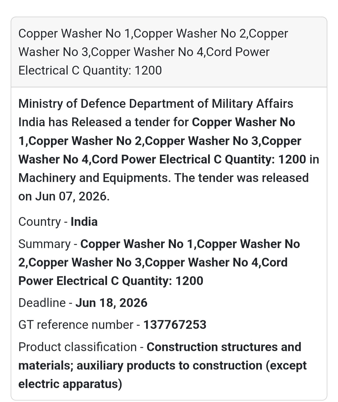 📍 India (Defence Department) | Copper Washer & Electrical Components Tender