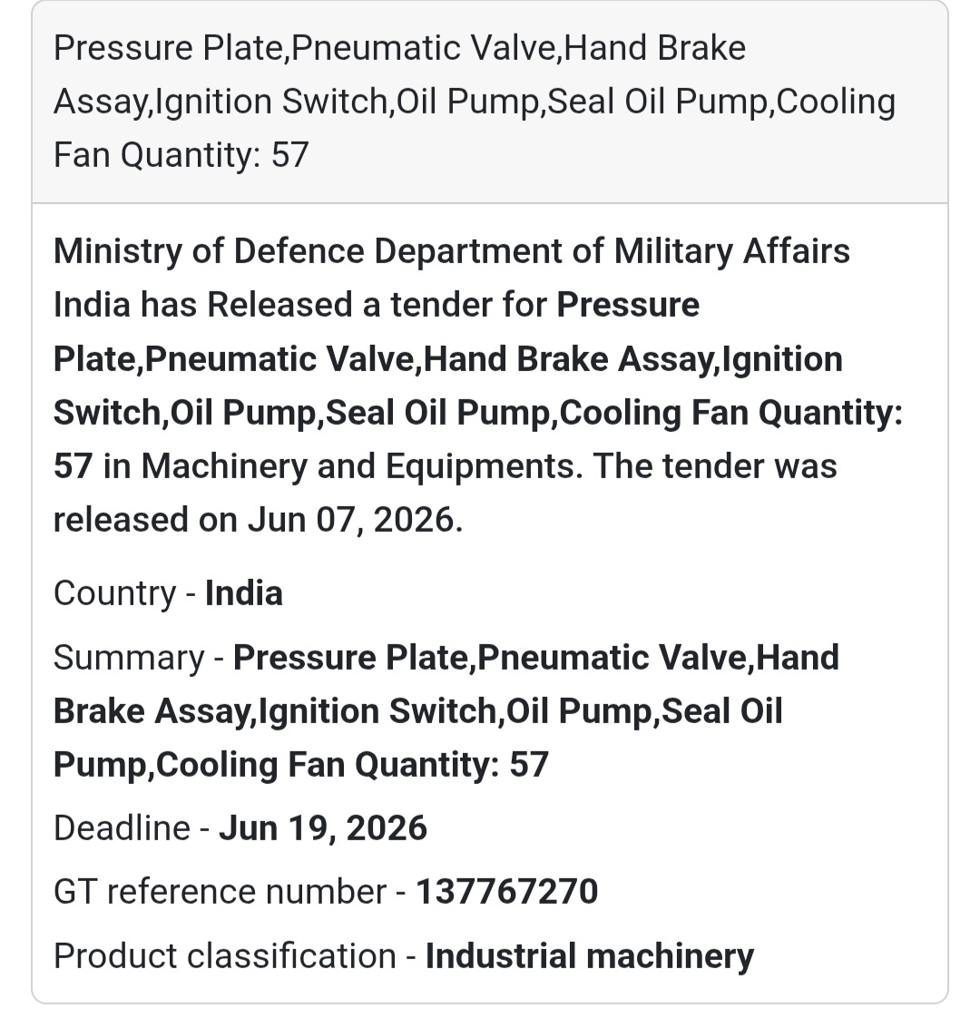 📍 India (Defence Department) | Industrial Machinery Components Tender