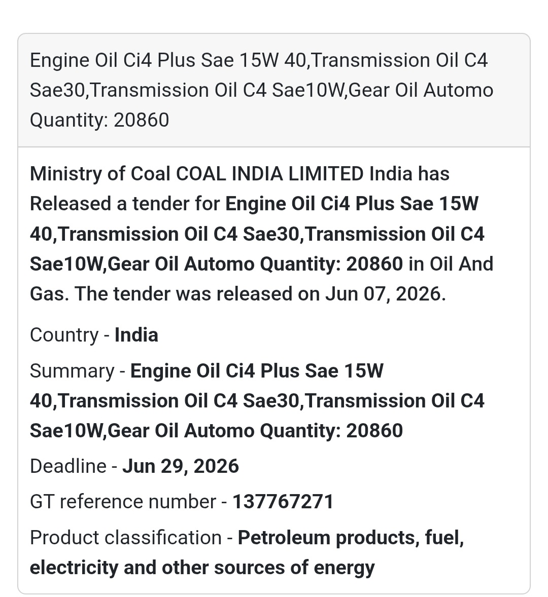📍 India | Engine Oil & Transmission Oil Supply Tender