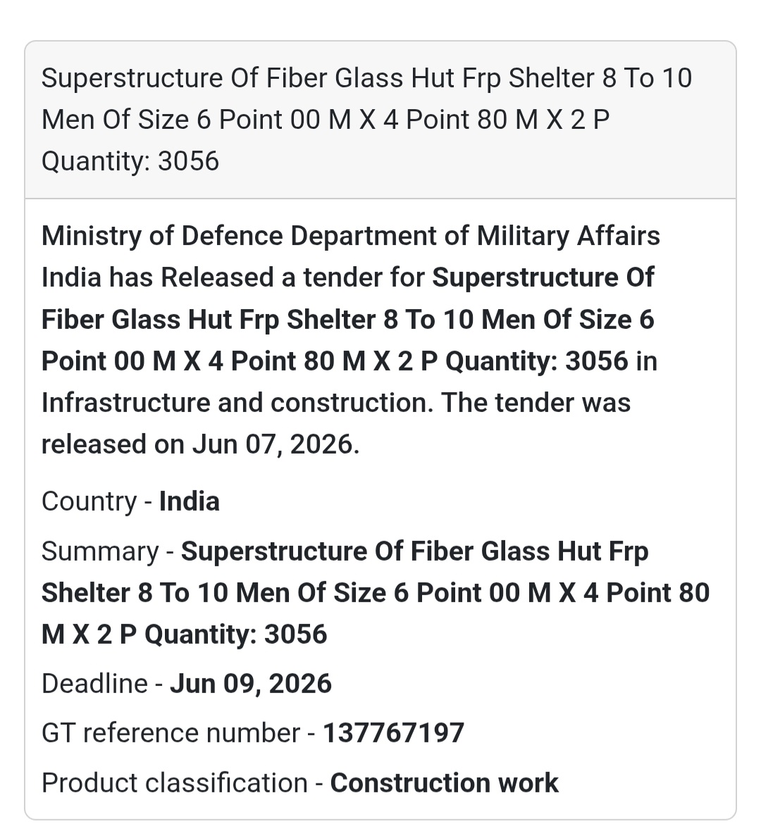 📍 India | FRP Shelter Construction Tender 🏠