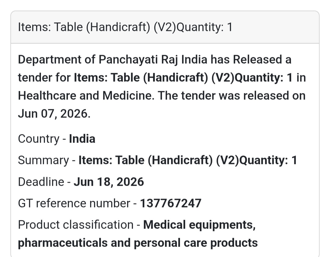 📍 India | Handicraft Table (V2)🪵 Tender Alert – Department of Panchayati Raj